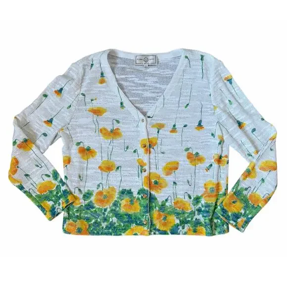 St. John Sport Floral Light Weight Knit Gold-Tone Button Cardigan Sz L Whimsical